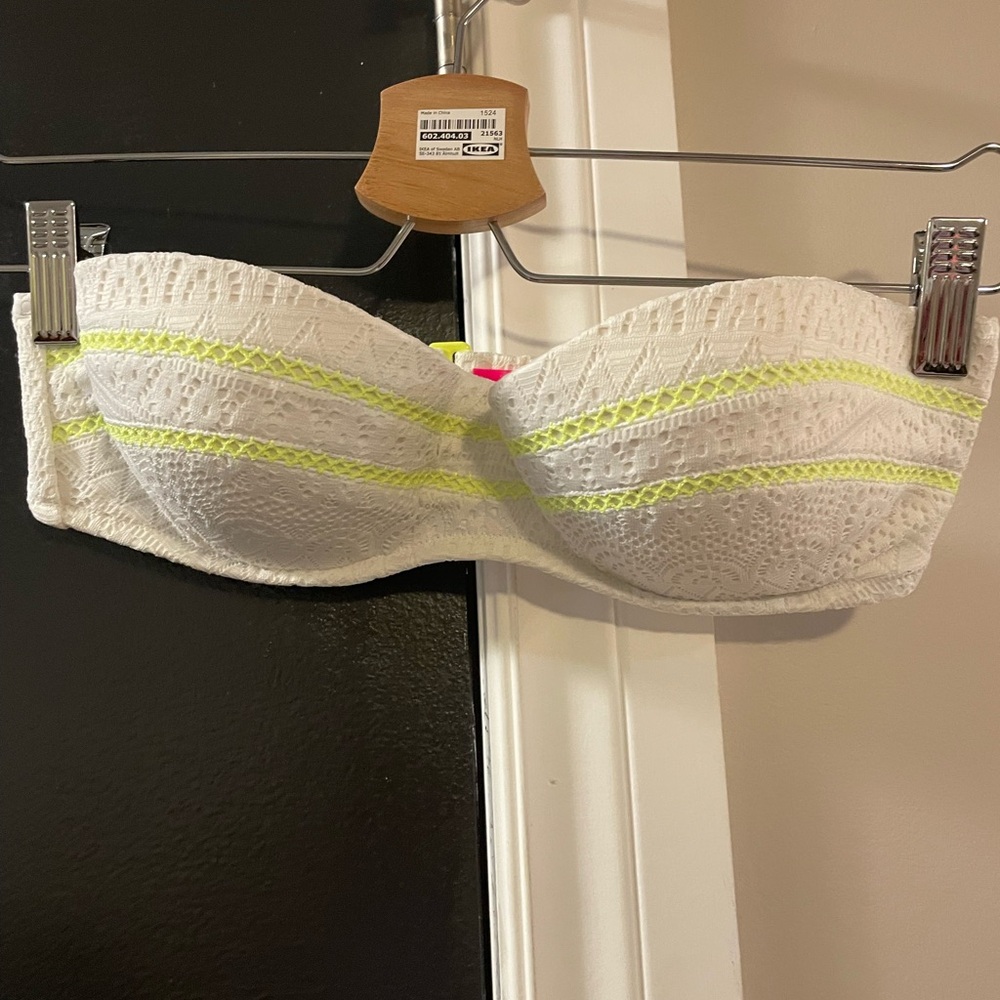 PINK Victoria's Secret White Lace Bandeau Bikini Top with Neon Yellow Accents